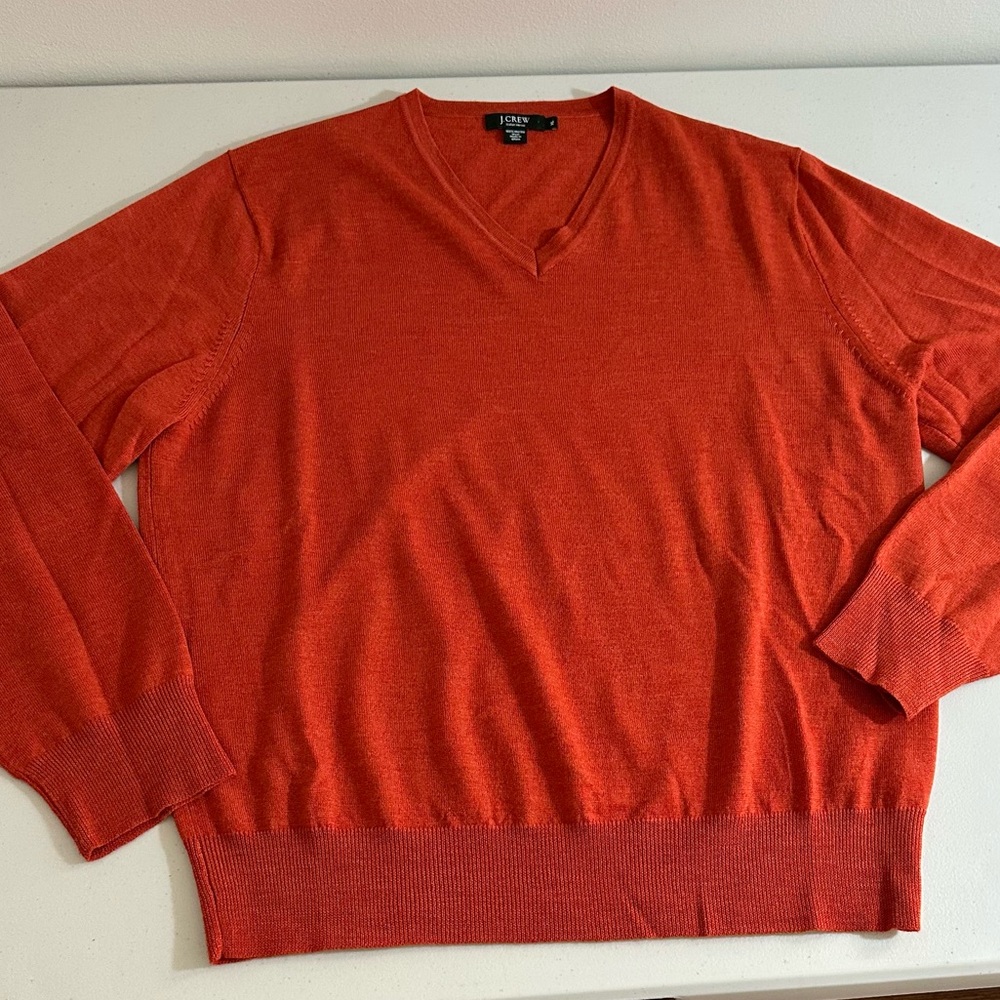 J.Crew Italian Merino Wool Sweater XL Orange V-Neck Lightweight Classic Casual